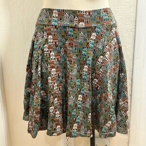 Effie's Heart Cityscape Print Skater Skirt in Teal, Brown & Cream